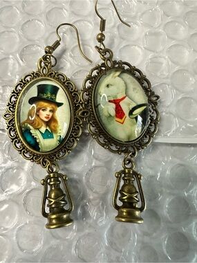 Alice in Wonderland Cameo Drop Earrings - Gold Tone with Teal & White Accents